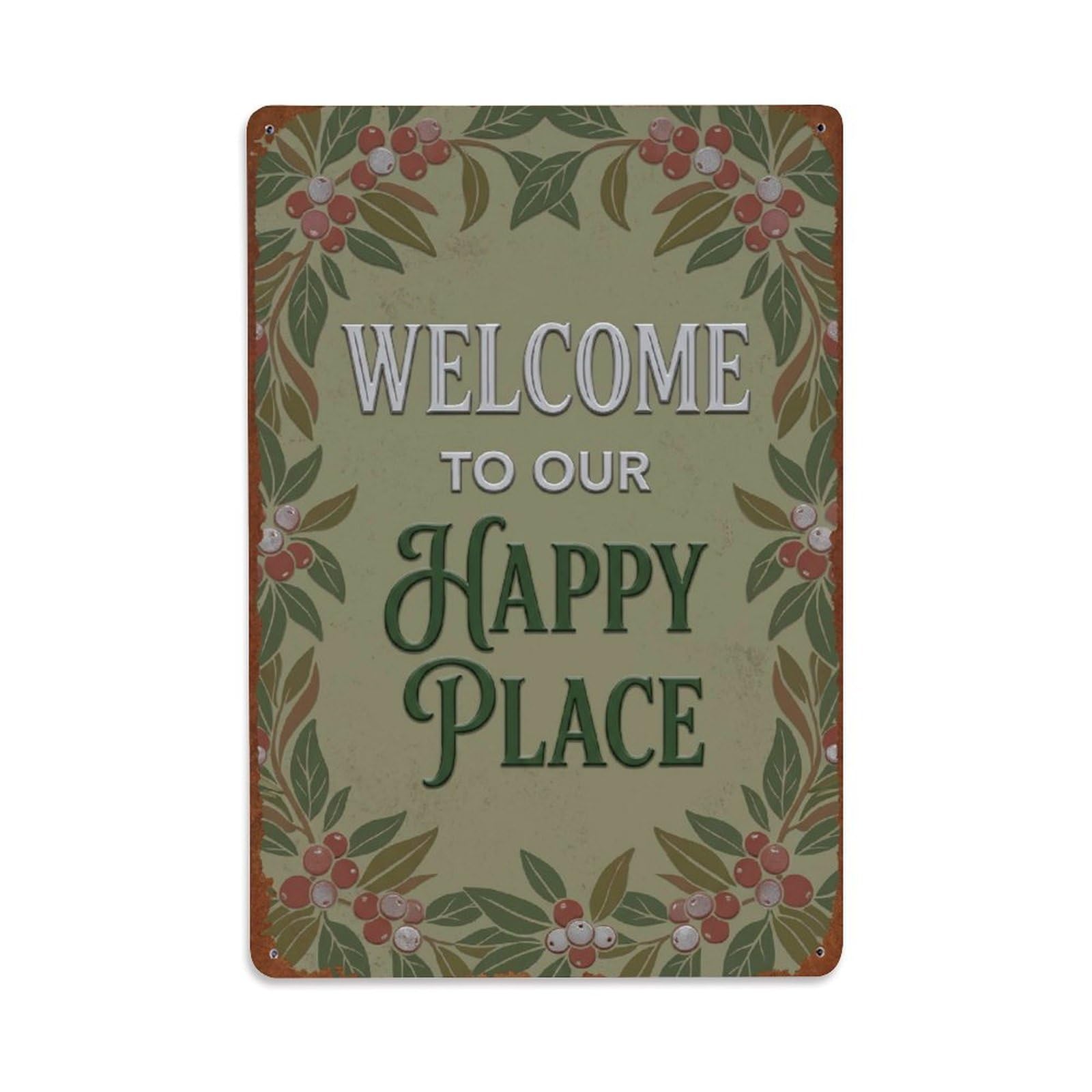 Okngb Style Snowberry Branch Welcome Happy Place Weathered Frame Metal Tin Sign Plaque Wall Decor For Cafe, Man Cave, Club Bar, Office, Home Garden Round Metal Poster 8X12inch