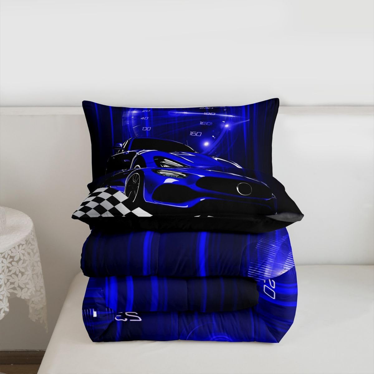 Erosebridal Blue Race Car Comforter Set for Youth Boys,Glitter Ombre Line Art Bedding Set Neon Light Sports Car Dashboard Quilt Twin,Black and White Grid Lattice Buffalo Plaid Decor