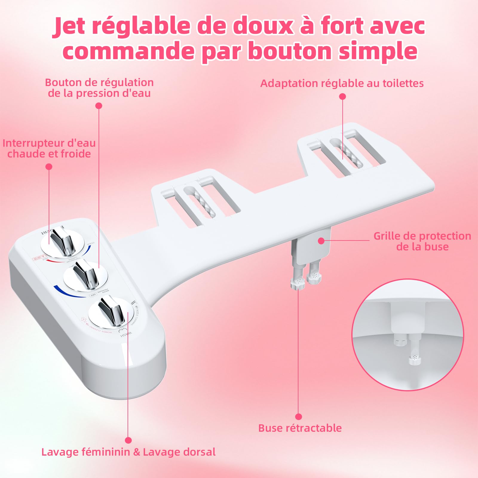 Hibbent Pulverisateur de Siège de Toilette pour Bidet Autonettoyant avec Double Buse Jet d'Eau Chaude et Froide Té Fourni et Le Long Flexible (Recoupable)