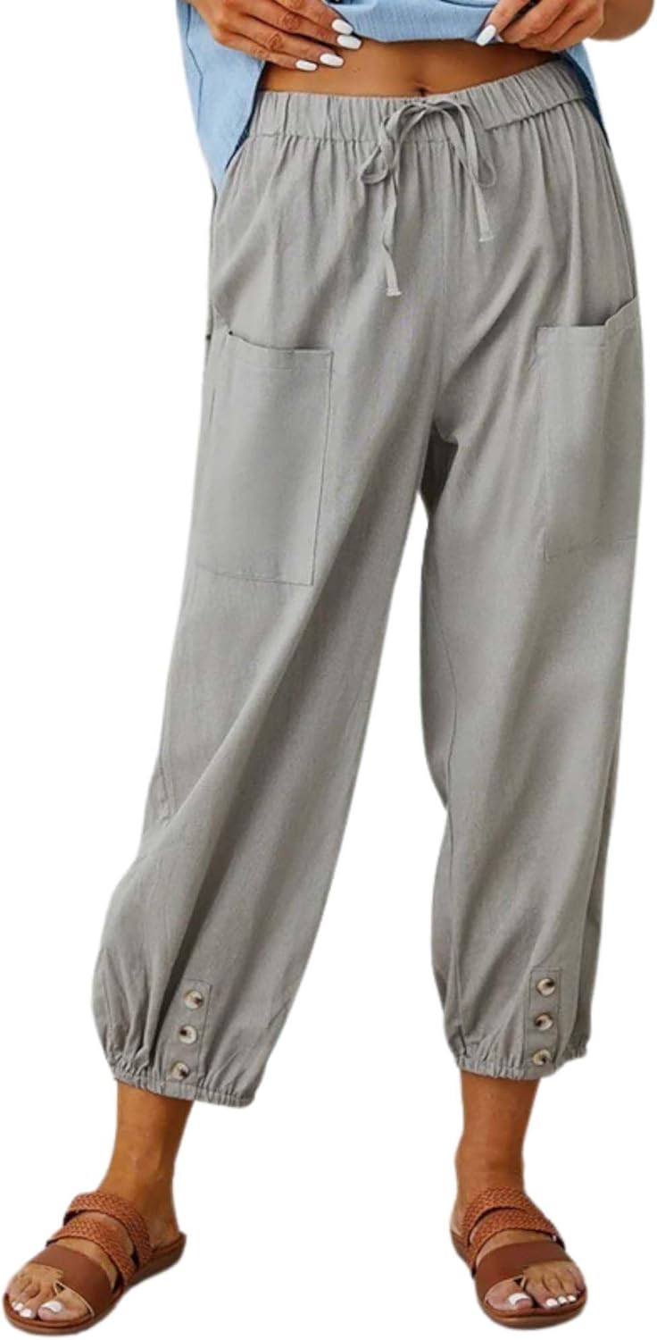 Cotton Linen Capri Pants for Women Summer Casual Plus Size High Waist Elastic Drawstring Button Trouser with Pockets
