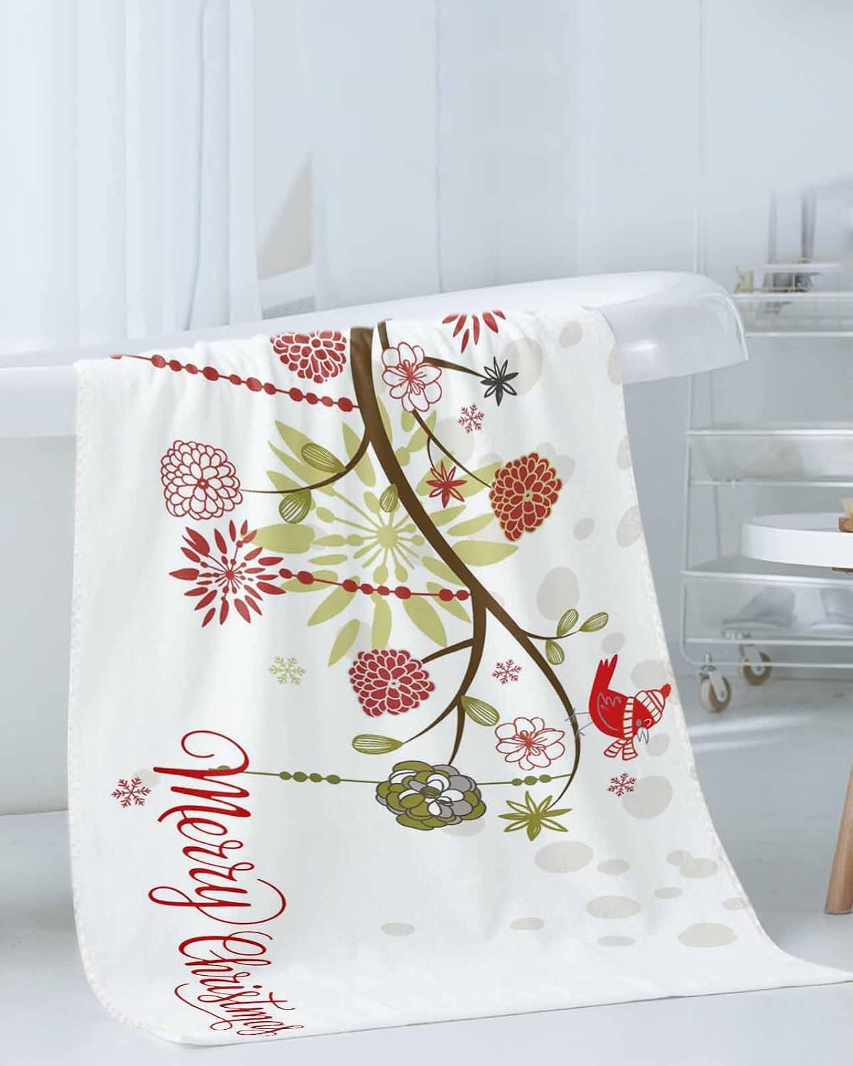 Merry Christmas 3 Piece Bath Towels Set, Winter Xmas Snowflowers Branch Floral Birds Soft & Absorbent Towels for Bathroom, Hotel (1 Bath Towel 30x60, 1 Hand Towel 16x28, 1 Washcloth 13x13)