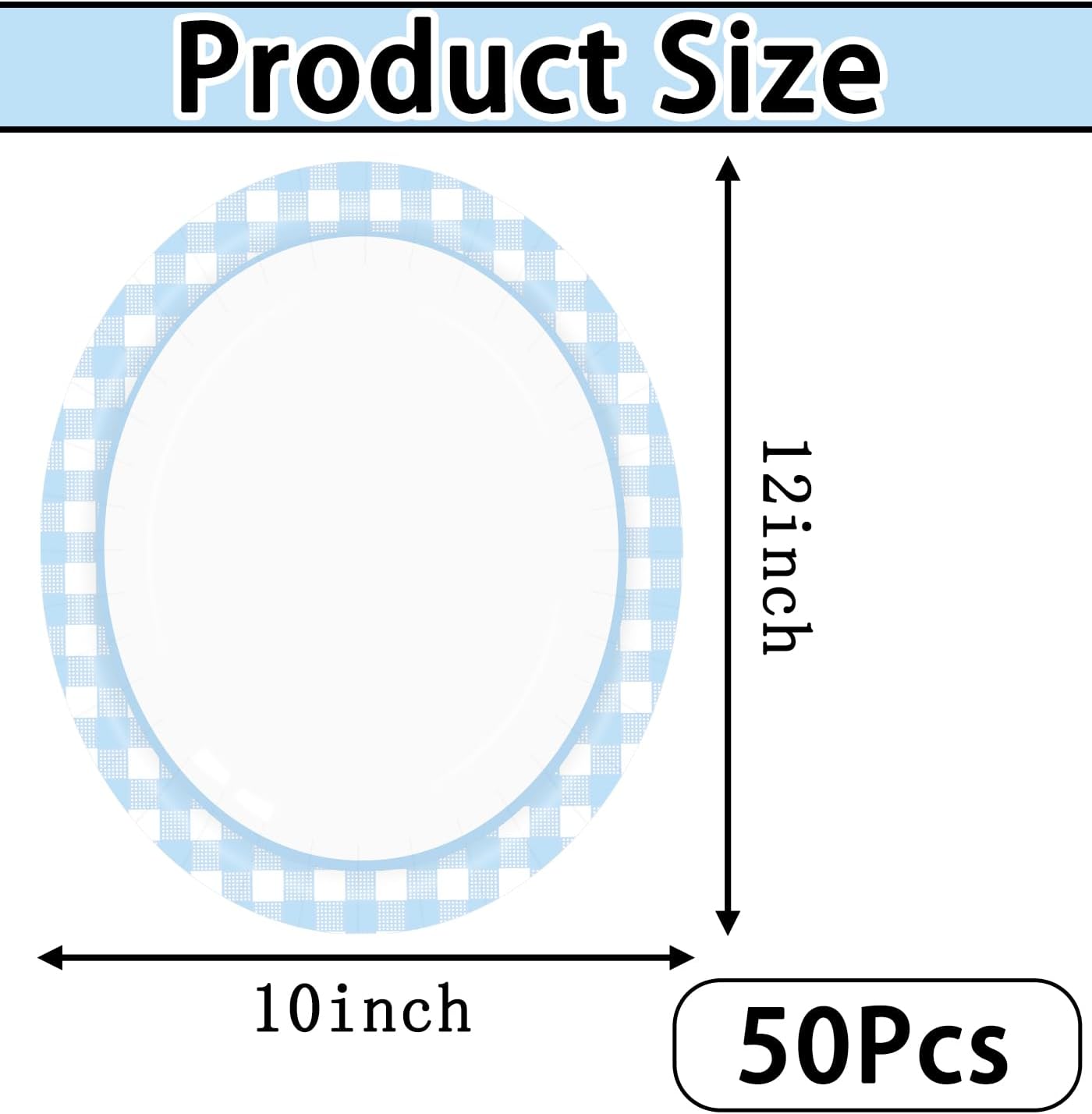 HEIPINIUYE 50 Pieces Light Blue Gingham Oval Paper Plates 10 X 12 Inch Blue and White Plates Disposable Dinner Plates for Picnic Wedding Baby Shower Birthday Party Dessert Plates