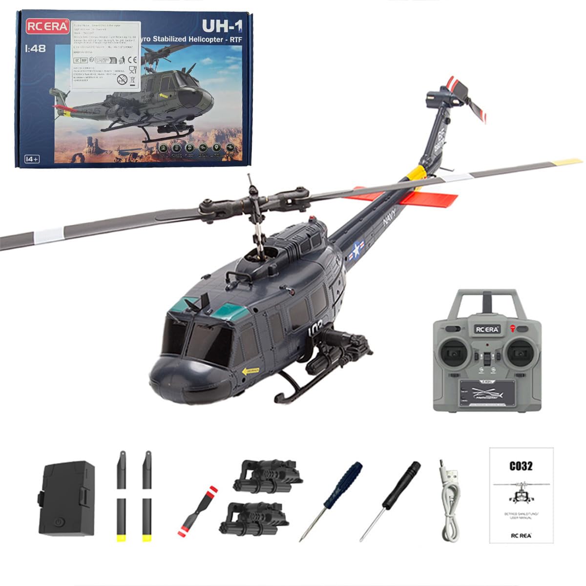 UH-1 Huey Remote Control Helicopter, 1:48 2.4G Flybarless Aircraft with 6 Channel, Indoor and Outdoor Flying Toy, RC helicopter Gifts for Adults (RTF Version)
