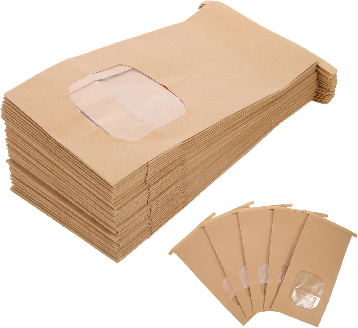 ORFOFE 100pcs Kraft Paper Snack Bags with Window Food-safe Oil-resistant Cookie and Candy Packaging for Parties Gifts and Treats
