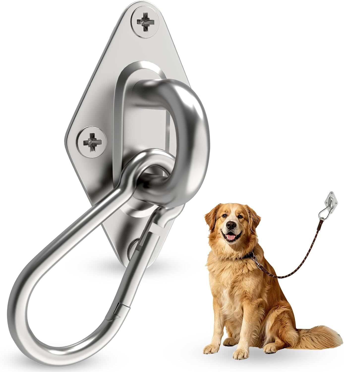 Heavy Duty Dog Tie Out Anchor, Stainless Steel Wall Mount Ring with 360° Swivel & Carabiner Clip, Anti-Tangle Pet Leash Hook for Indoor Outdoor Yard, Large Dogs