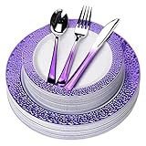 FOMOICA Purple Plastic Plates and Purple Silver Silverware - 125 Piece Disposable Premium Plastic...