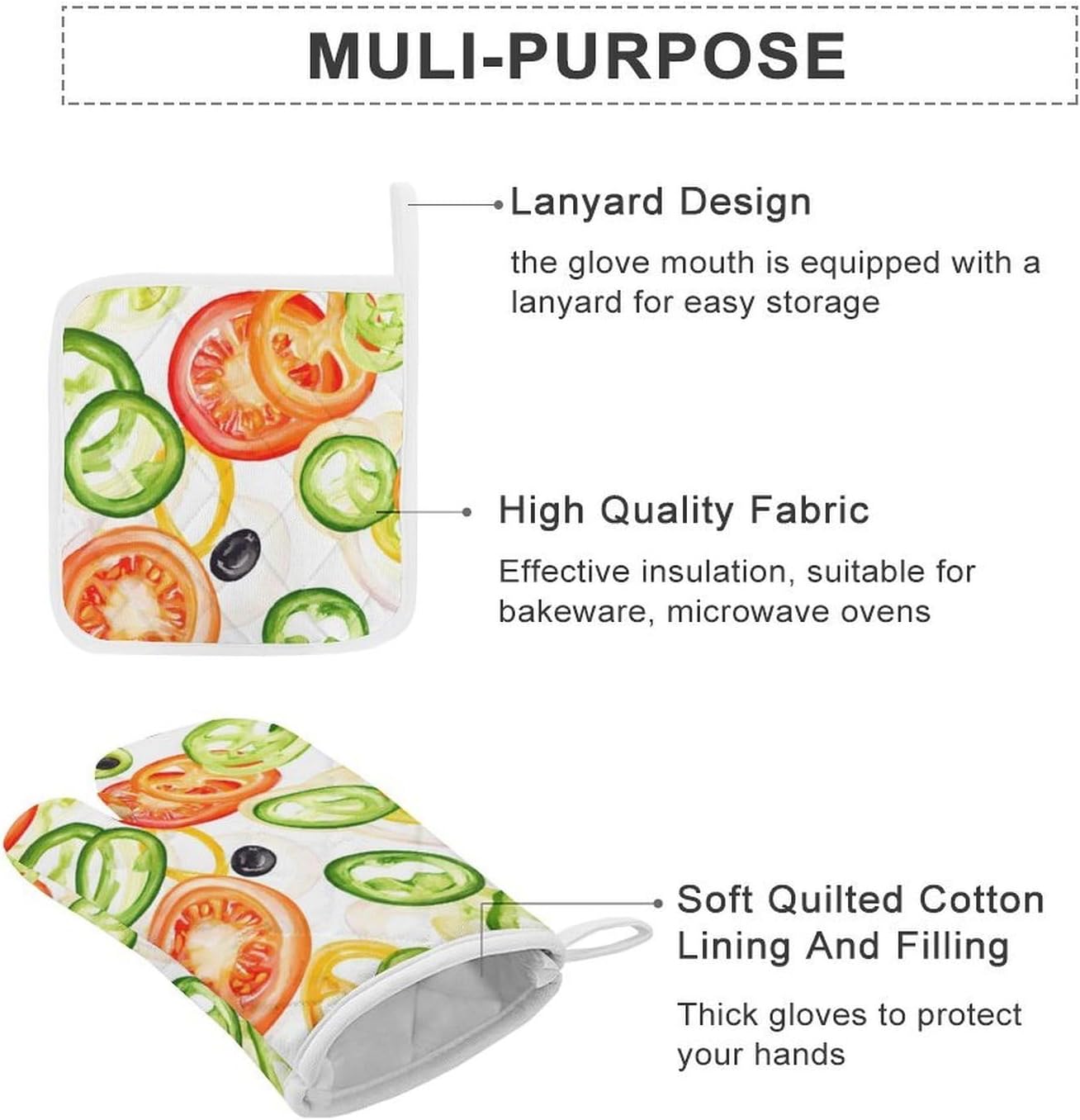 Sliced ​​Pepper Tomato Onion Oven Mitts and Pot Holders 4Pcs Set Heat Resistant Cooking Mitts Hot Pads