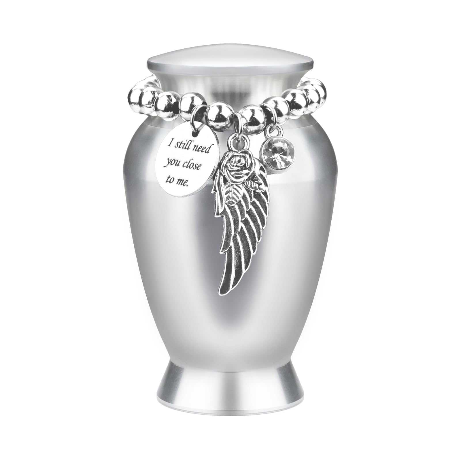Silver Aluminum Alloy Small Urn for Human & Pet Ashes Keepsake, 2.75×1.77in Portable, Good Sealing, Elegant & Decorative Keepsake Urn with Beads, Angel Wing & Warm Nameplate, Memorial Funeral Supplies