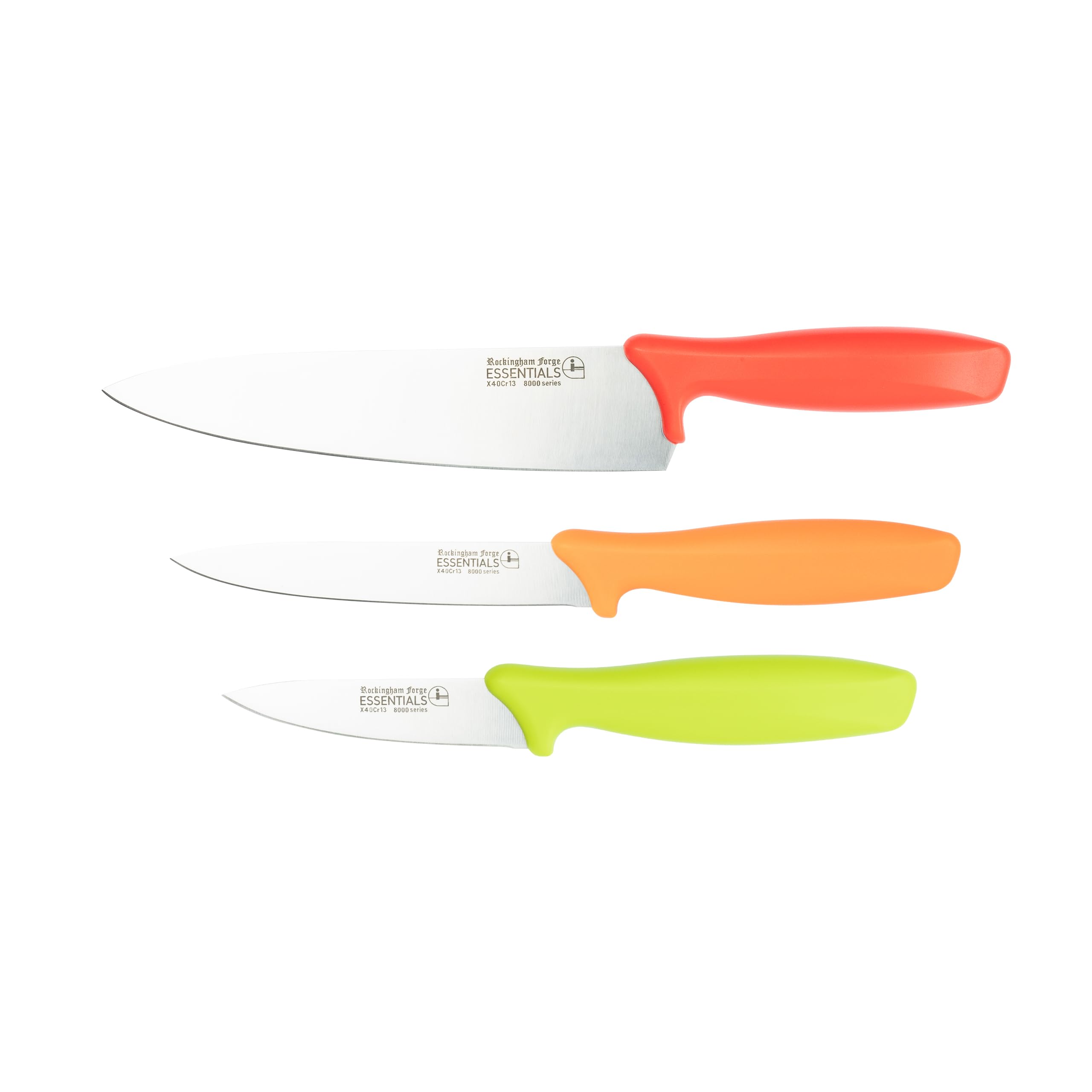 Rockingham Forge 3 Piece 8007 Essentials Range Household Knife Set, Includes 9cm Paring Knife, 12cm Utility Knife & 20cm Chef’s Knife, Green, Orange and Red Handles
