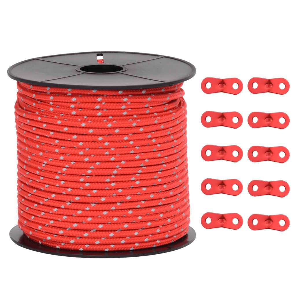 Corda riflettente per tenda con tiranti, lunghezza 50 m, diametro 4 mm, in polipropilene, rosso con strisce riflettenti, con 10 tenditori in alluminio, campeggio