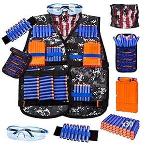 Kids Tactical Vest Kit for Nerf Guns Series with Refill Darts,Dart Pouch, Reload Clips, Tactical Mask, Wrist Band and Protective Glasses, Toys for 8 9 10 11 12 Year Boys