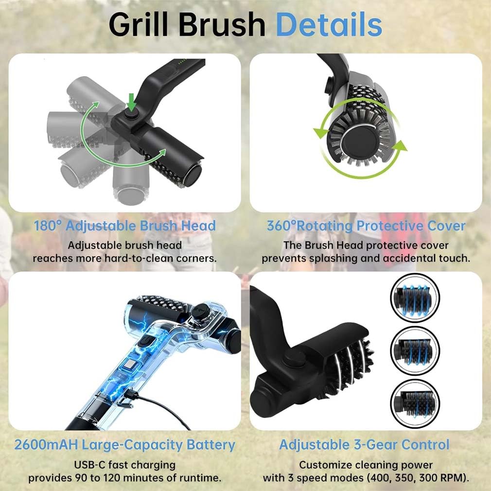 Kabelloser elektrischer Grillbürstenreiniger, Elektrische Grillbürste mit Verstellbarem Winkel, Elektrischer Grillreiniger Borstenfrei, Grillreiniger Schrubber, BBQ Powerbürste Zur Grillreinigung
