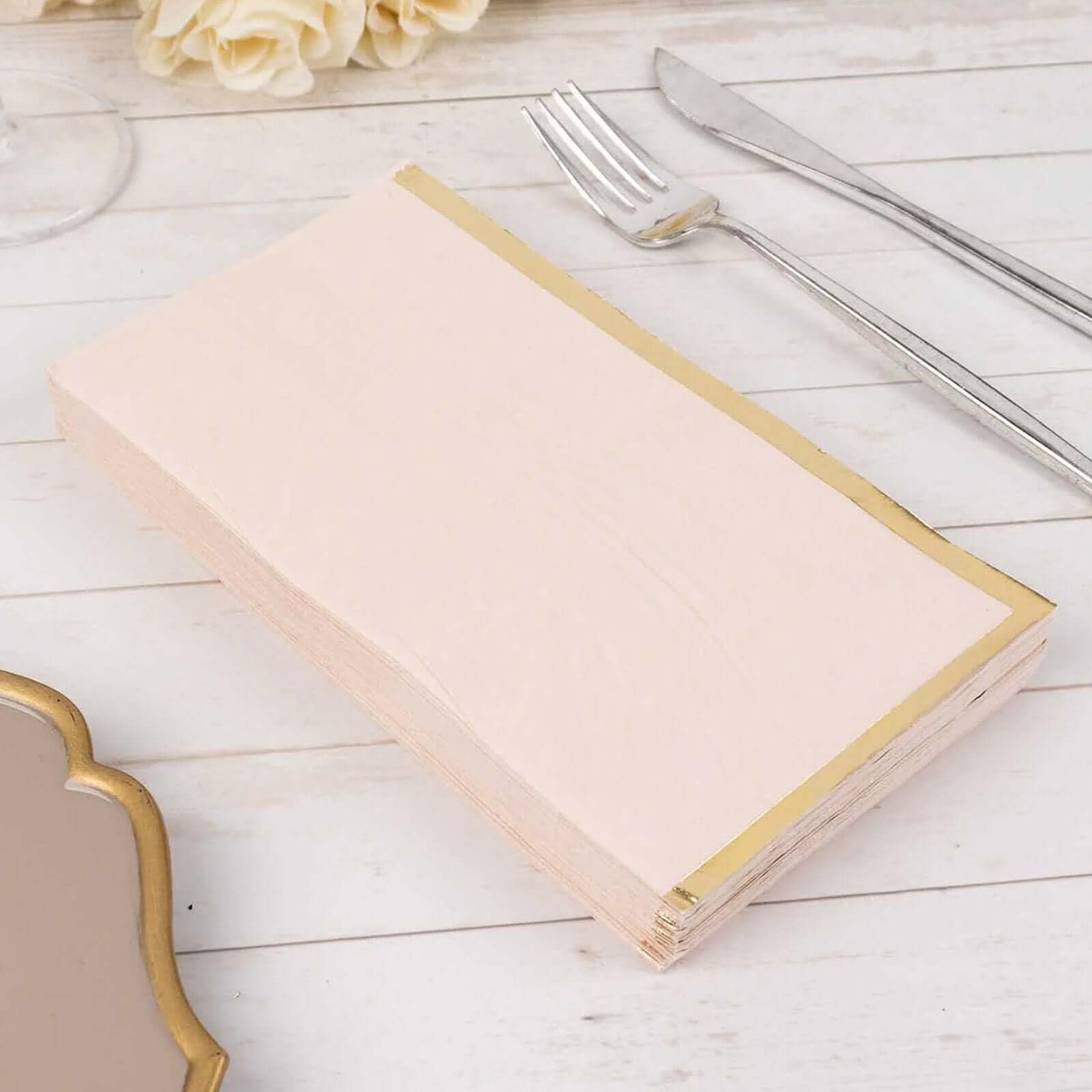 Efavormart 50 Pack Blush Soft 2 Ply Dinner Paper Napkins with Gold Foil Edge, Disposable Party Napkins