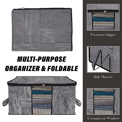 Image of Kuber Industries Non-Woven Underbed Storage Bag|Clothes Storage Organizer|Blanket Cover With Clear Window|Zipper Closure&Handle Cloth Organizer|Lining-Design|Large|Pack Of 4|Gray,32 Cm,48Cm,Black