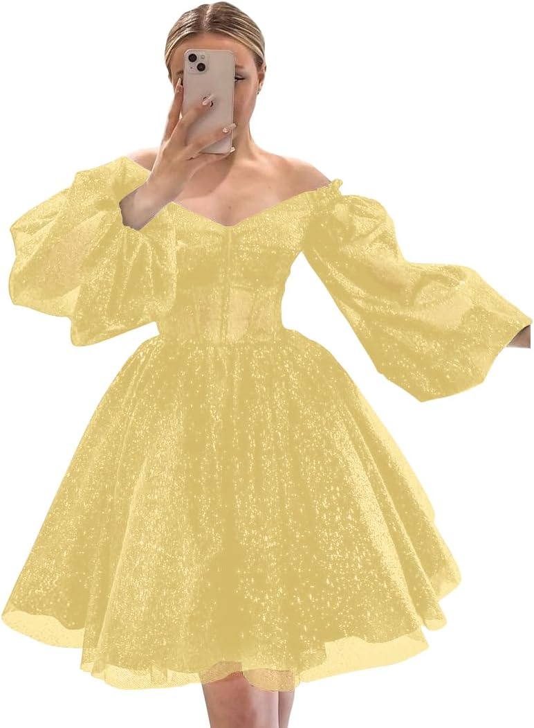 Homecoming Dresses Puffy Sleeve Short Tulle Prom Dresses for Teens Sparkly Formal Evening Gowns