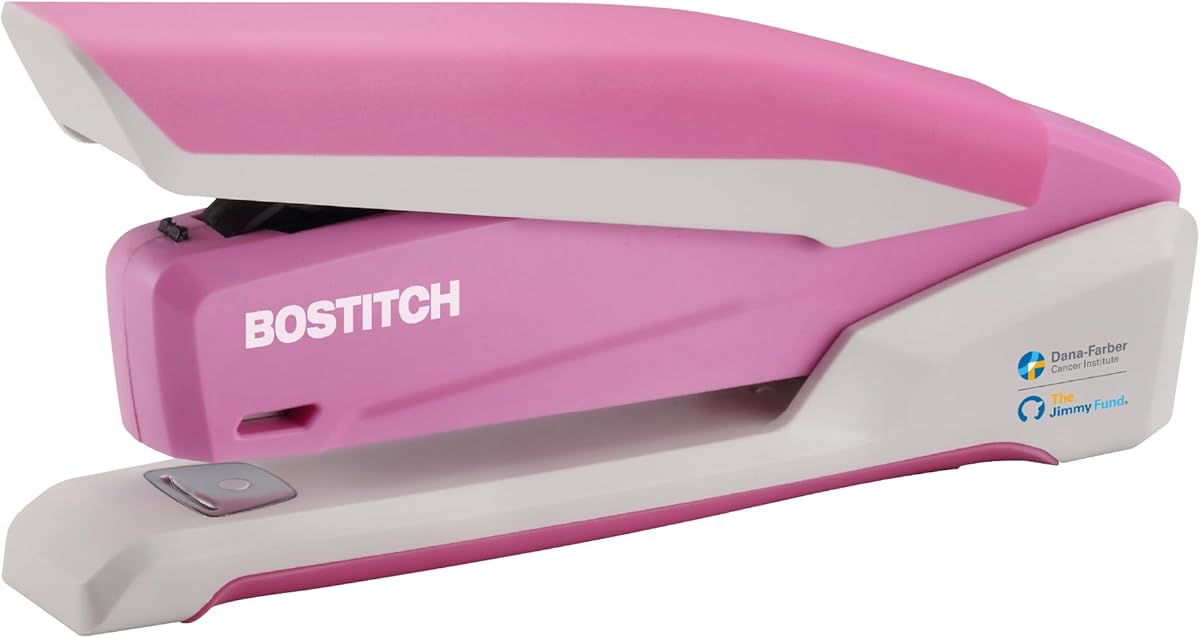 Amazon.com : Bostitch Office InPower Spring-Powered Desktop Stapler, 20 Sheet Capacity, One Finger Stapling, Includes 210 Staples, Jam Free, Opens for Tacking, Breast Cancer Awareness Pink : Desk Staplers : Office Products