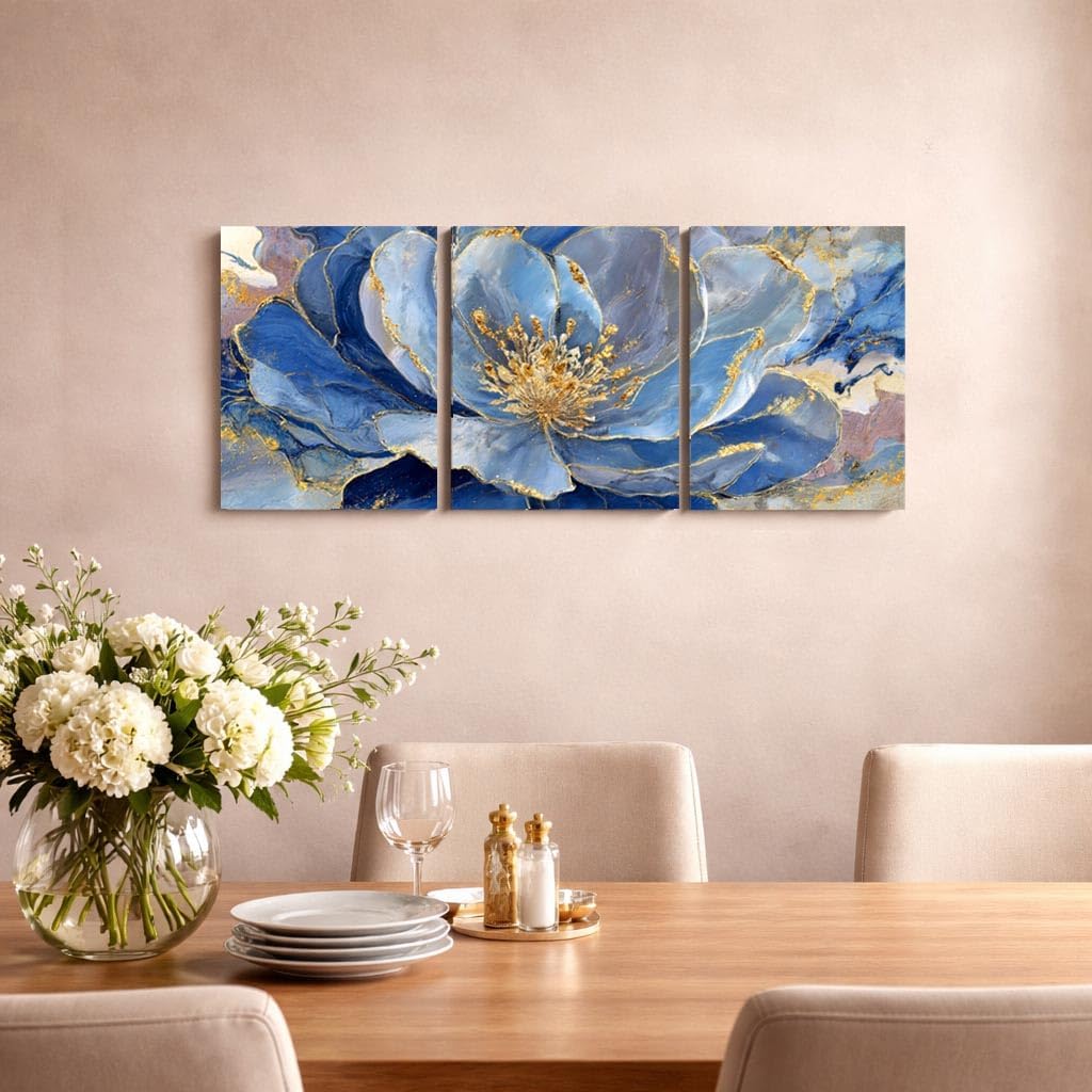 Blue Gold Abstract Floral Canvas Wall Art Set of 3, Modern Luxury Flower Canvas Prints, 12x16 Inch Framed Artwork for Living Room Bedroom Wall Decor, Elegant Blue Contemporary Art, Ready to Hang (Blue)