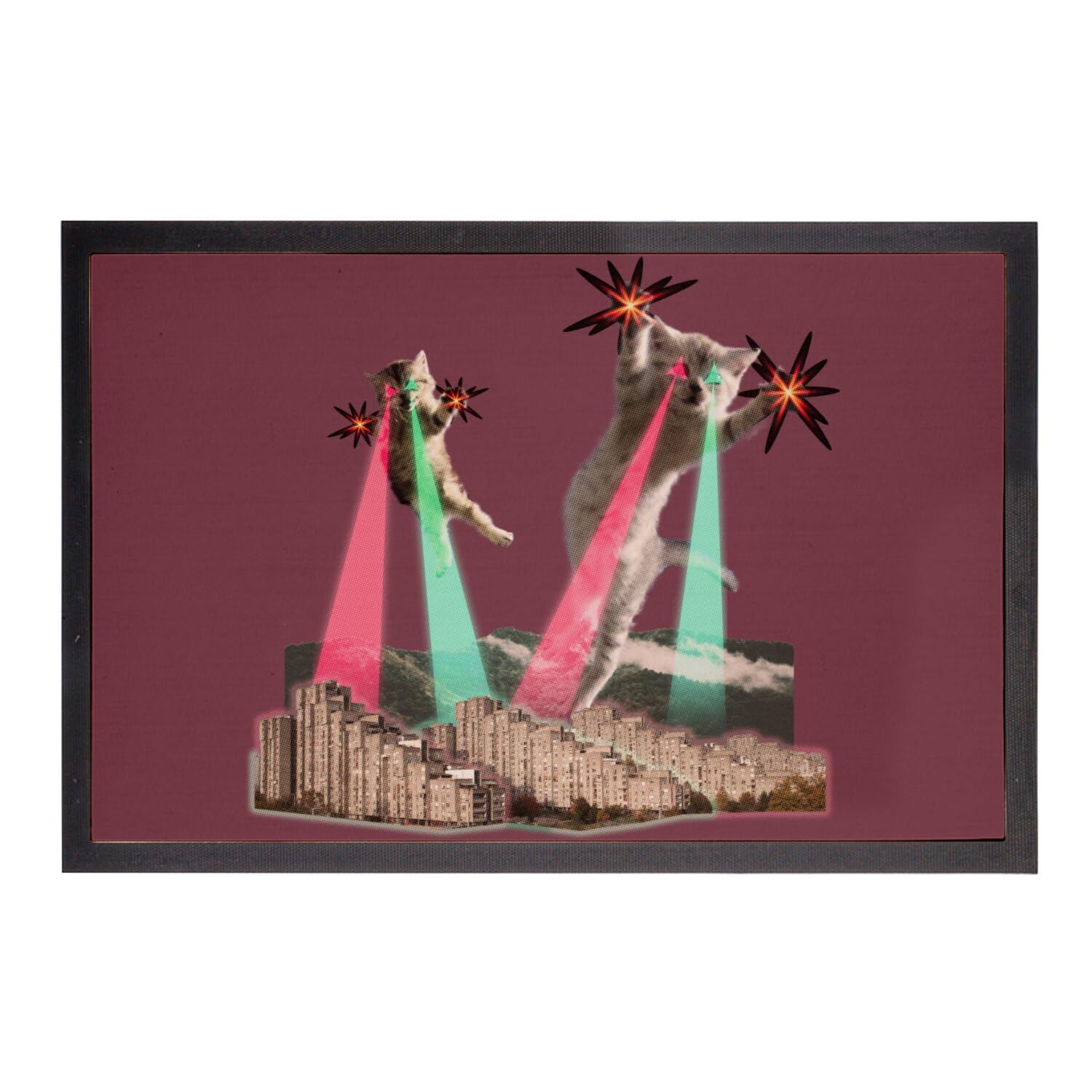 Paillasson rouge 60x40cm illustration chats volants tapis rétro humour