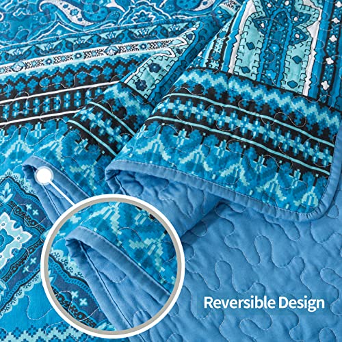 Vaputar Cotton Quilt 3 Pieces Queen Quilt Bedding Set, Boho Queen Size Quilts, Lightweight Reversible Coverlets Bedspreads For Farmhouse Bedroom (Blue) #TOP4