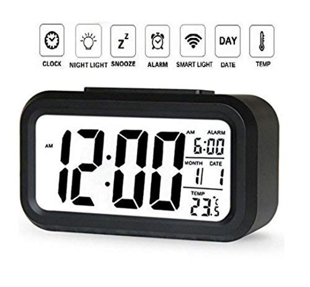 ONISHOMES Digital Table Alarm Clock Calendar Snooze with Automatic Sensor Light Smart Battery Operated Date & Temperature Multifunctional Heavy Sleepers Students, Loud Watch, Home & Office (Black)