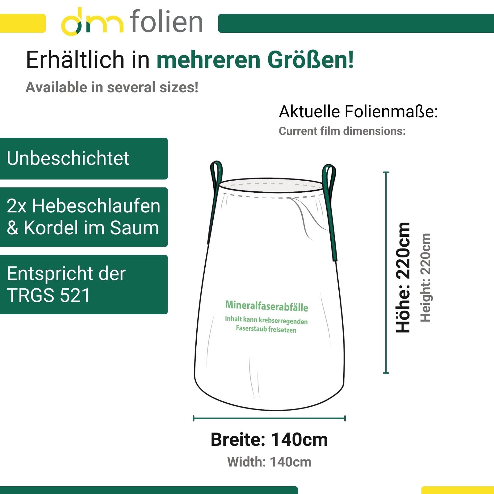 dm-folien Big Bag Mineralwolle 140x220 cm I 10 Stück I Fassungsvermögen von 700 Liter I Mineralwolle Sack mit Kordel & Hebeschlaufen I KMF Big Bag Säcke mit 85g/m² Stärke I stabil & beschichtet