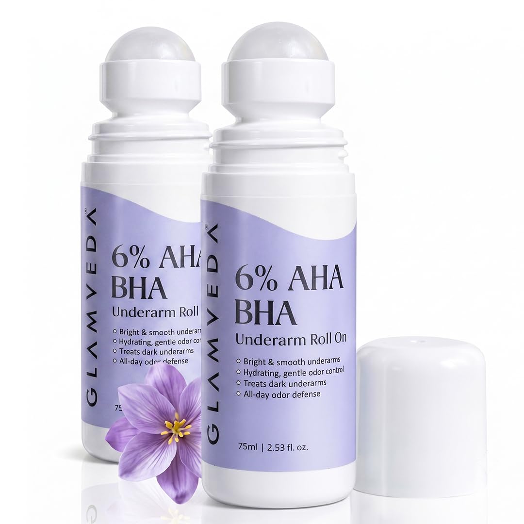 Glamveda 6% AHA BHA Underarm Roll On | Reduces Pigmentation & Controls Odour | Brightening for Dark Underarms | Niacinamide & Panthenol | 0% Alcohol | 75ml | Pack of 2