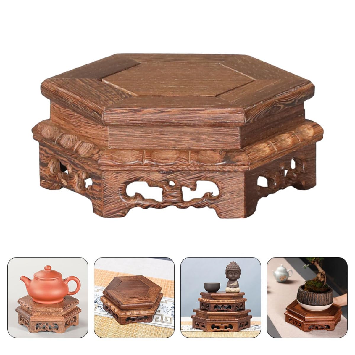 Base de Exhibición Estable y Decorativa de Madera Marrón Hexagonal Diseño Rústico para Tetera y Estatua Budista para Mesa y Oficina