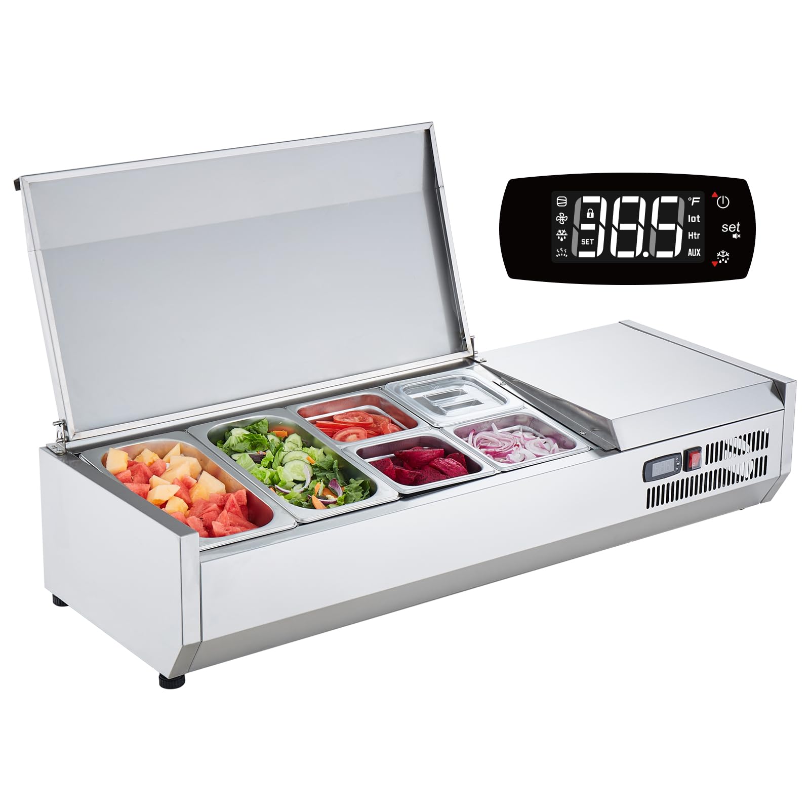 VEVORRefrigerated Condiment Prep Station, 135 W Countertop Refrigerated Condiment Station, with 2 1/3 Pans & 4 1/6 Pans, 304 Stainless Body and PC Lid, Sandwich Prep Table with Stainless Guard, ETL