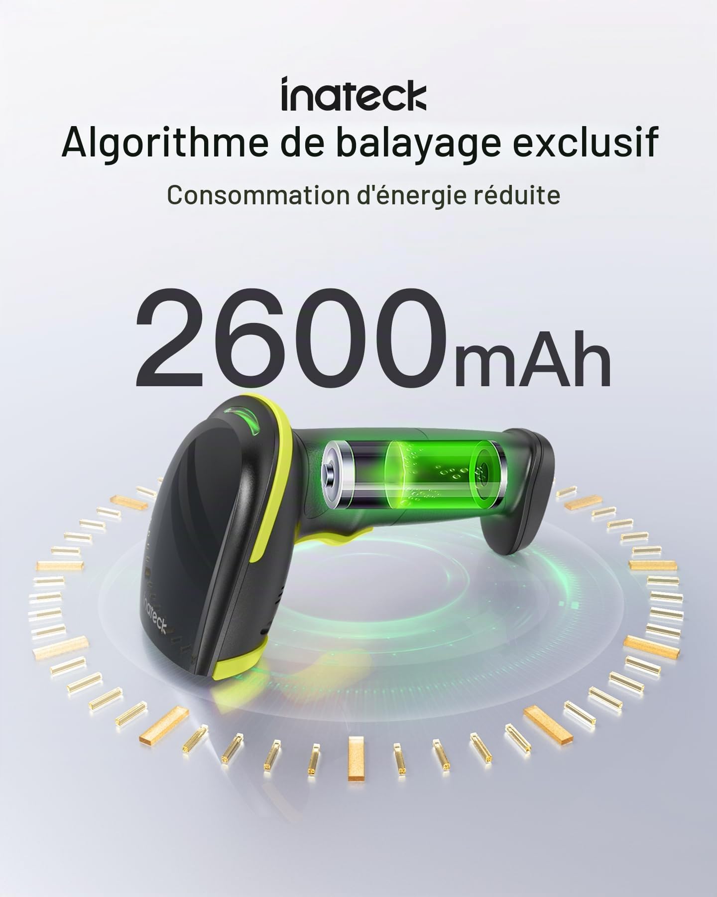 Inateck 2D Douchette Code Barre avec Support, Lecteur Code Barre sans Fil avec APP et SDK, Scanette QR avec Batterie 2600mAh, BCST-35, Vert