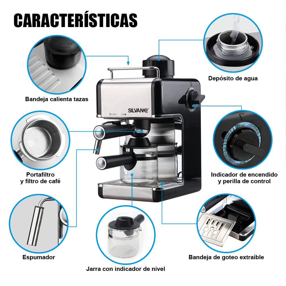 SILVANO Cafetera Espreso de 800 W - Jarra 240 ml con Medidor de Agua - Capacidad de 2 a 4 Tazas - Función Capuchino - Mango Portafiltro - Bandeja Extraíble - Presión 3,5 Bar
