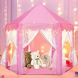 Cabana, Barraca,Tenda, Casinha Castelo Grande,Casinha Brinquedo, Barraca Rosa, Fácil de Montar, Casinha de Brinquedo, 140 * 140 * 135cm, Comporta de 3 a 4