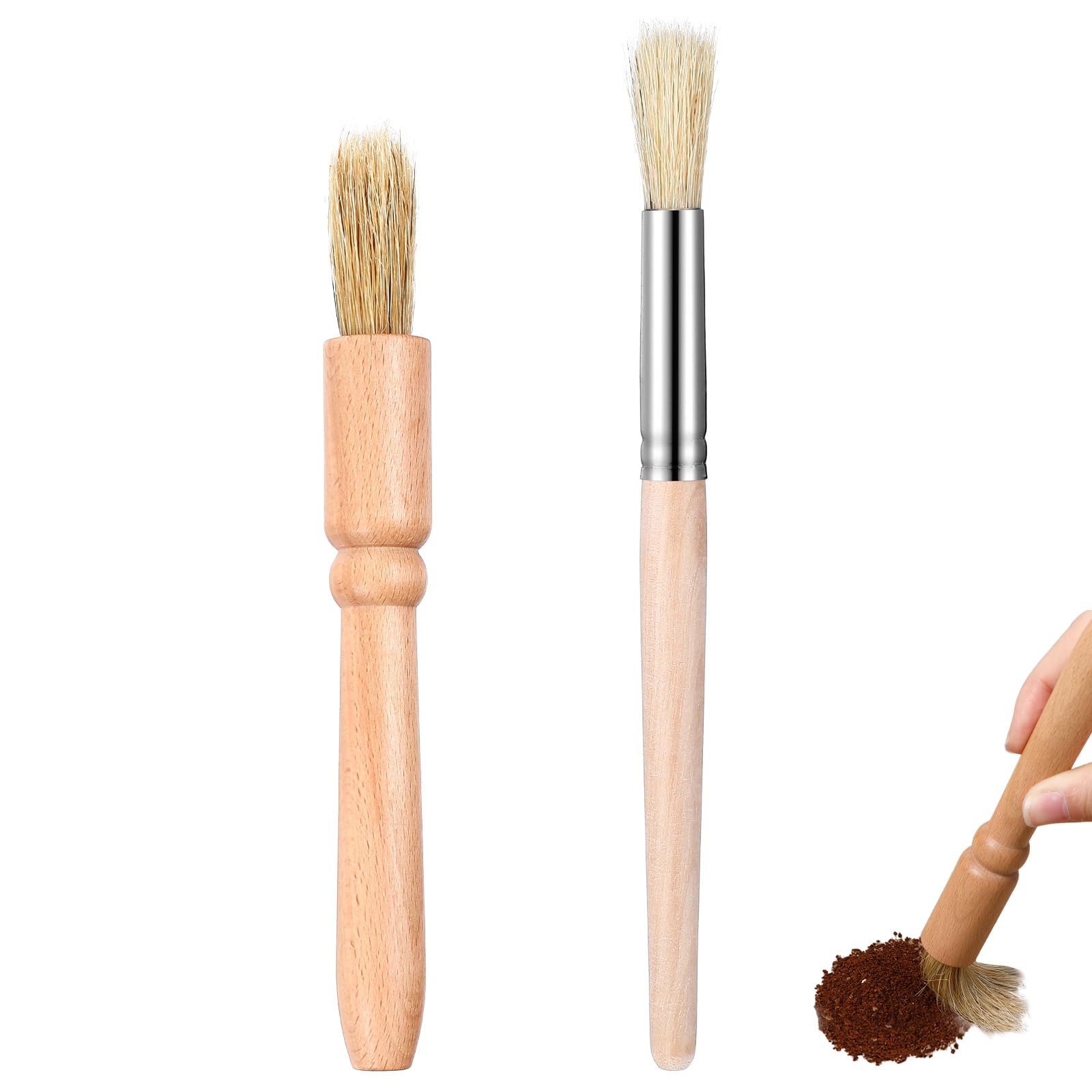 2PCS Coffee Grinder Cleaning Brushes, Wood Handle & Natural Wood Dusting Espresso Ground Brushes, Wooden Grounds Brush, Coffee Brush for Bean Coffees