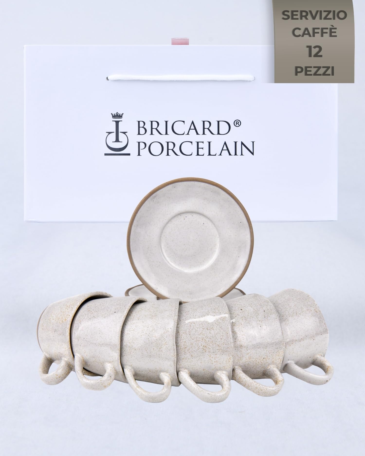 Set Tazzine da Caffè 12 Pezzi con Piattini, Servizio Espresso per 6 Persone | BRICARD Albi | 100 ml Ceramica Grigio Chiaro, Tazzine Moka e Caffè Turco, Lavastoviglie e Microonde, Idea Regalo