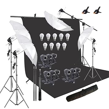 HIFFIN Black Screen Backdrop 6x10 ft with 9 ft Stand - 6x9 ft Photography Backdrop with 2 Pcs Clamps, 1PCs Carry Bag (T Shape Kit C2 C1 Black & Triple Holder Kit M4)