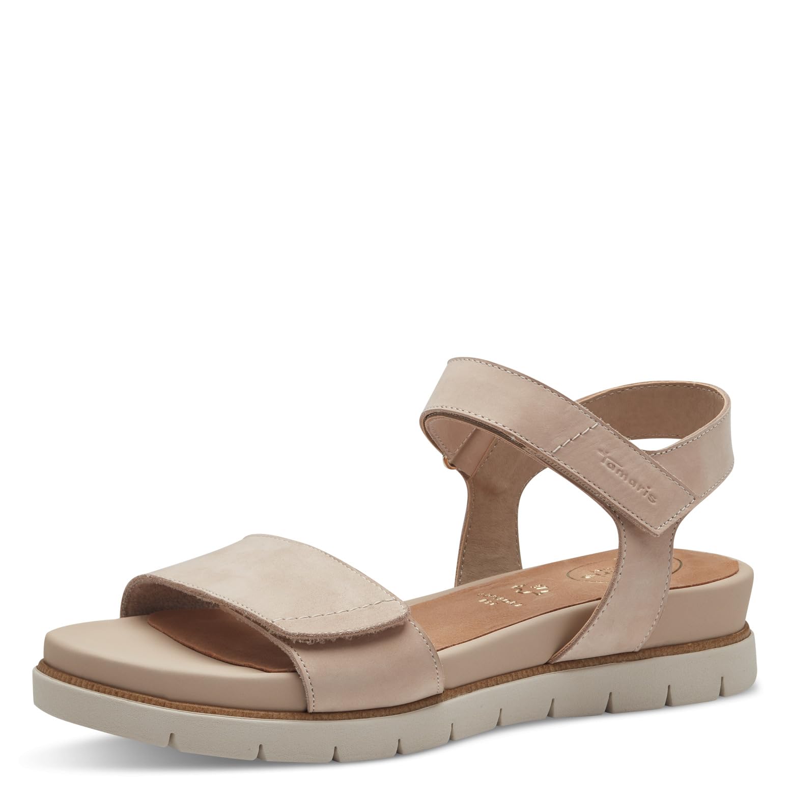 Tamaris Comfort Women’s Flat Leather Sandals with Velcro, Beige Nubuk, 7,5 UK