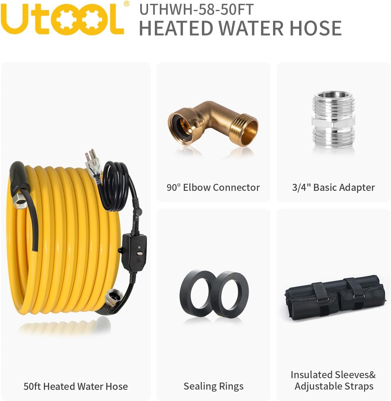 utool 50 ft heated water hose for rv camper with 90 degree elbow, nsf 372 drinking water certified garden hose, automatic thermostat antifreeze protection to -40°f, 5/8" id, 3/4" ght adapter 50 ft (with power off protection)