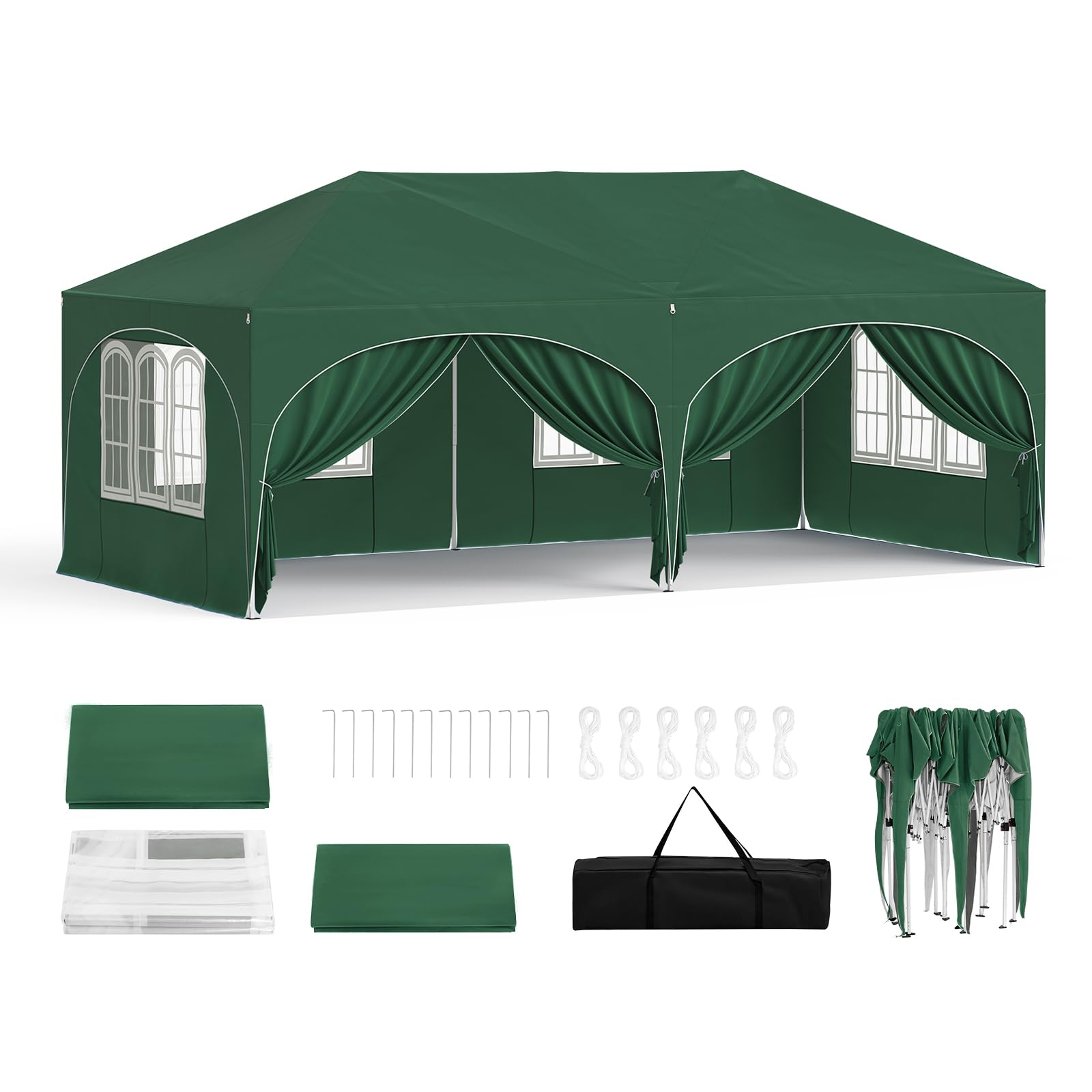WOLTU Carpa Plegable 3x6 m, Gazebo de Jardín Impermeable, Sistema Pop Up, Pergola Jardín Marco Metalico, con Puertas y Vetanas, Pabellón Cenador para Camping Picnic Playa, Verde