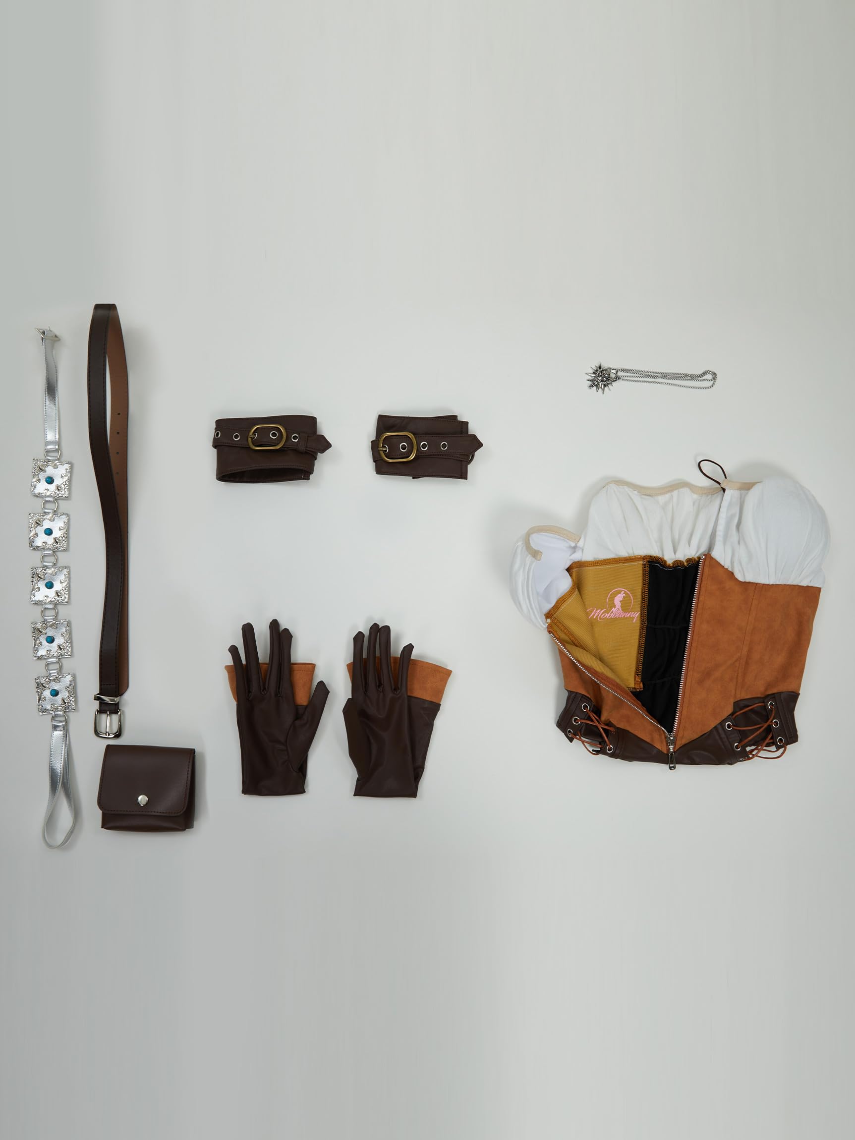 Mobbunny Women's Game Cosplay Costume Sexy Bodysuit Medieval Halloween Lingerie Set Bodycon with Belt Gloves and Bag: Small Brown