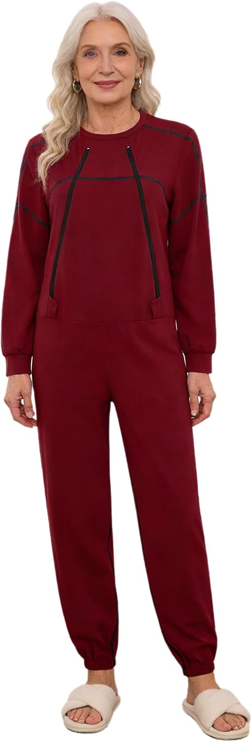 JanJean Women Dementia Patient Long Sleeve with Front + Leg Zipper for Dementia Elderly and Special Needs Burgundy XX-Large