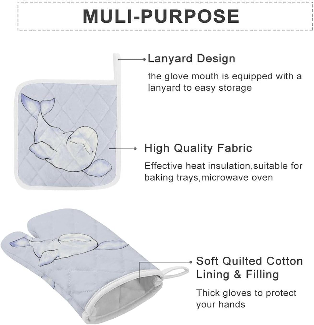 Beluga Wave Print Oven Mitts and Pot Holders 3 Piece Sets Heat Resistant Gloves Hot Pads Potholders for Kitchen Baking Cooking