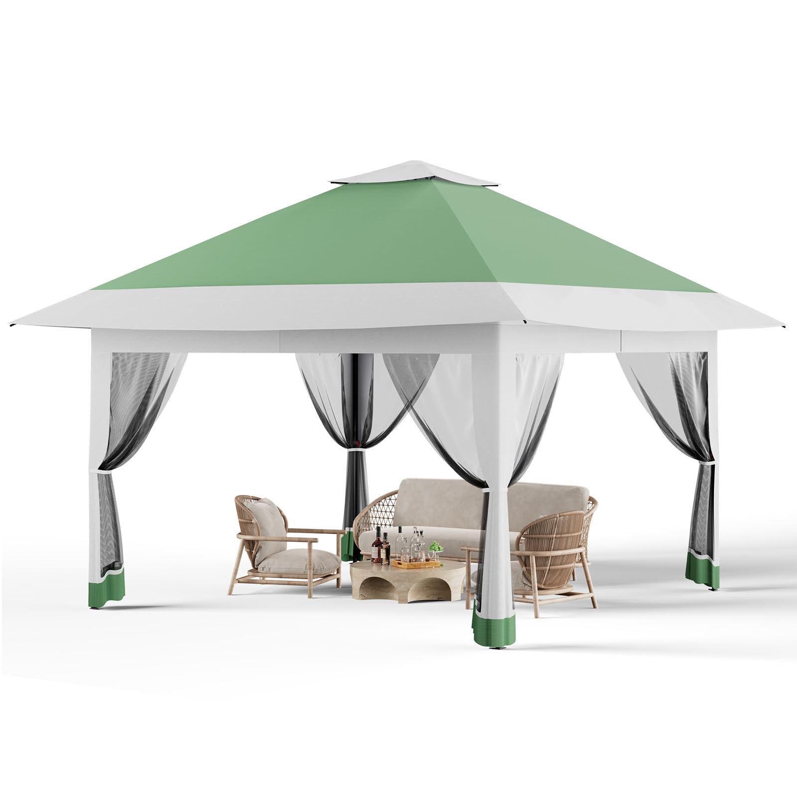 Aptliton 13x13FT Pop Up Gazebo with Mosquito Netting, 2-Tier Ventilated Outdoor Canopy Tent with 3 Adjustable Heights, Waterproof UV Resistant Patio Gazebo for Backyard Garden Pool Party, Green