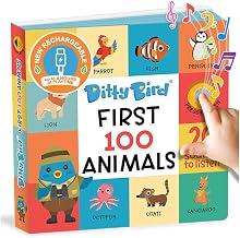 Ditty Bird 100 Animals and 20 Sounds to Learn for Vocabulary & Speech development, USB-C Rechargeable, up to 9 Hours Playtime, Musical Book with Pictures, Easy-Press Buttons, Volume Control, 1-3 Years