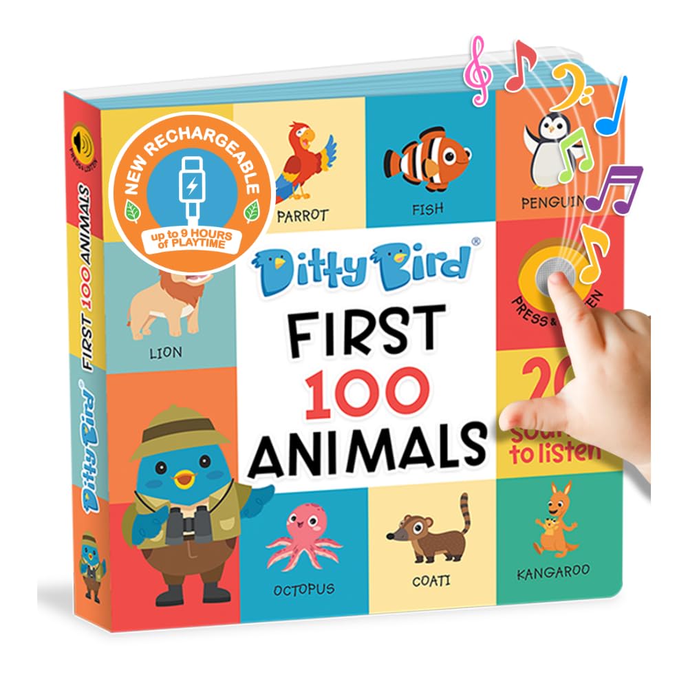 Ditty Bird Talking Books 100 Animals | USB-C rechargeable book for 1-3 | 100 Words for Vocabulary & Speech development | Children's Interactive Toddler Toys with Pictures | Learning Toy for toddlers