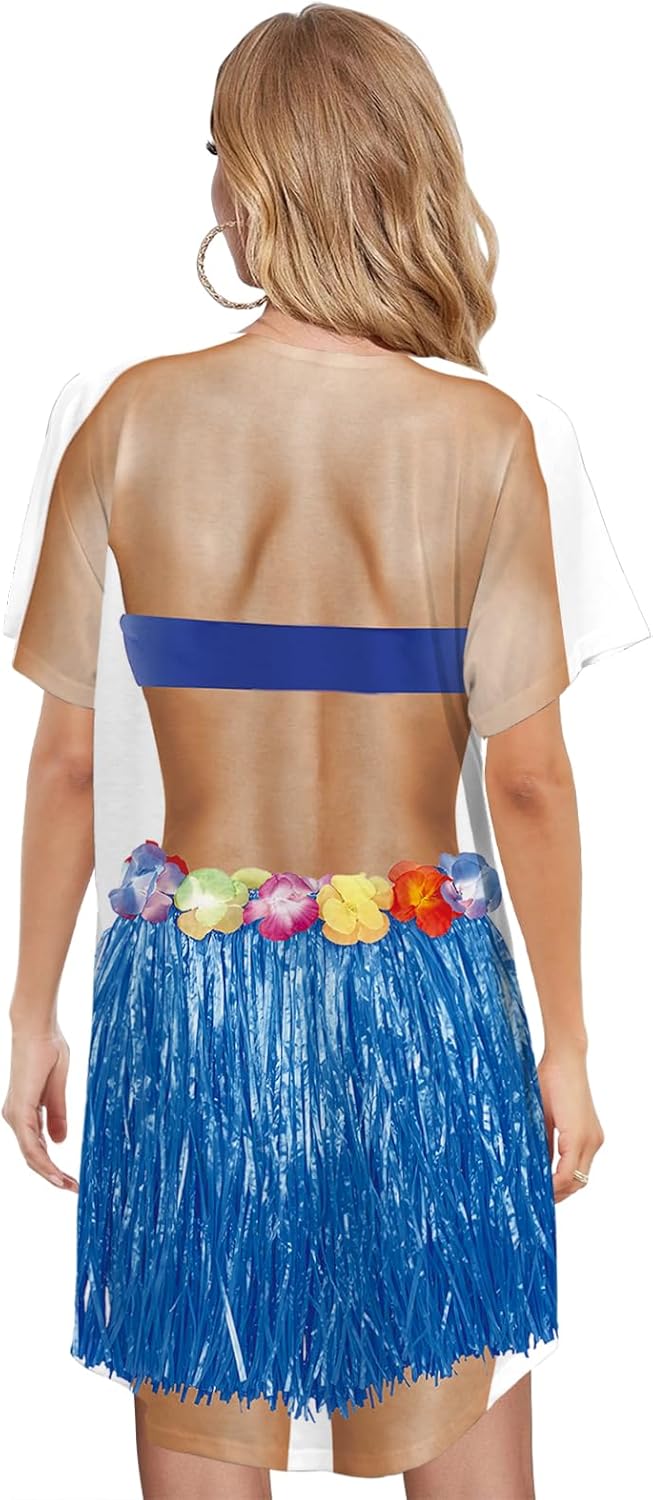 Women's Funny Bikini Beach Cover Up Shirt Hawaiian Short Sleeve Baggy Body Print Luau Party Swimsuit Cover-Up Dress - Image 4