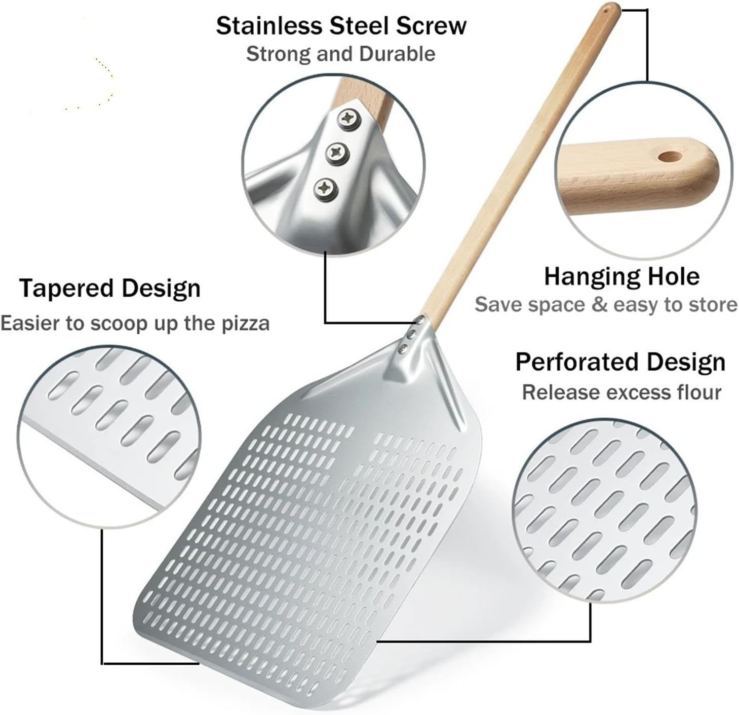 Perforated Pizza Peel With Turning Wood Handle Shovel Anodized Short Spatulas Baking Tools(7 and 14 inch)