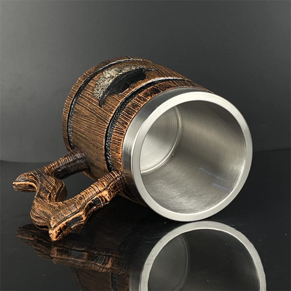 YXSH Barile di Legno 3D Resina dell'Acciaio Inossidabile Testa di Leone Boccale di Birra Calice Boccale Tazza di caffè Tazze di Vetro di Vino 580ml Miglior Regalo di Natale
