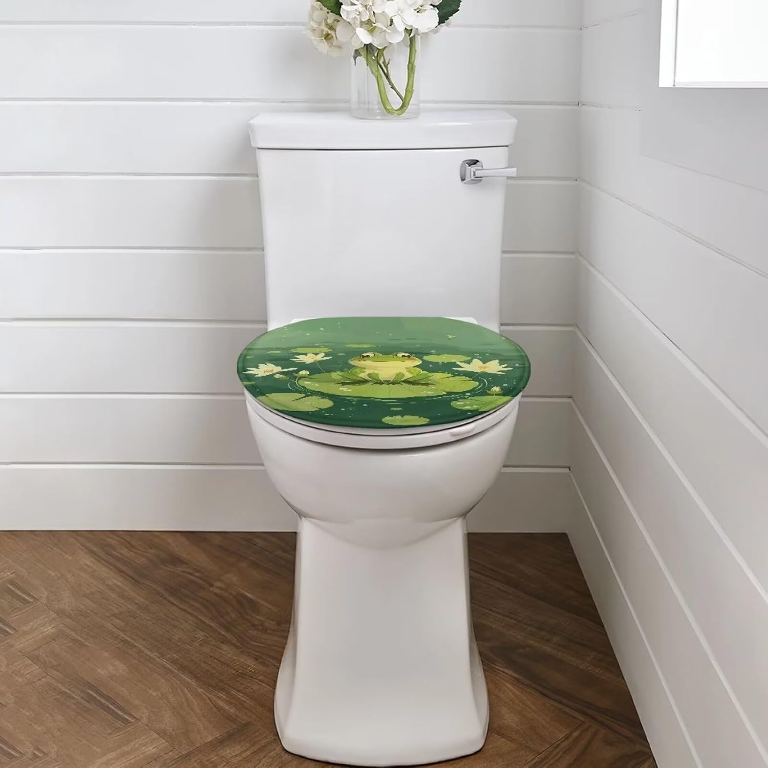 Green Toilet Lid Covers for Bathroom Round Cute Frog Toilet Seat Lid Cover Elongated Size Machine Washable Toilet Protector Cover Fits Most Toilet Lids image 2