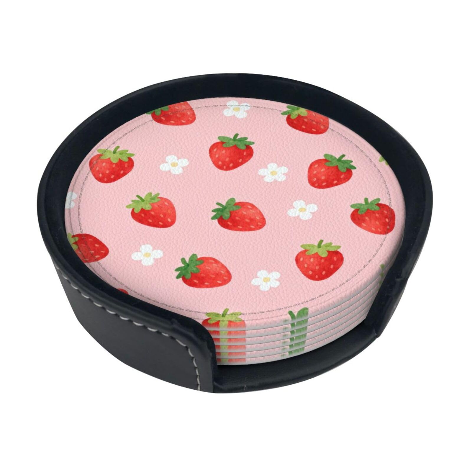 Cntdbu White Strawberry Flower Seamless Leather Coasters Set Of 6-Pu Leather Drink Mats For Table, Heat Resistant Round Coasters With Holder