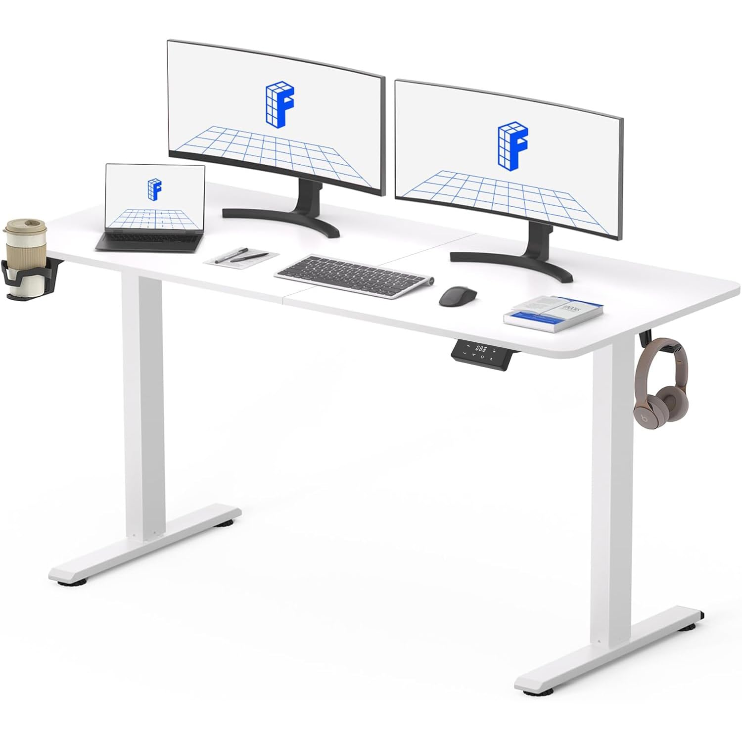 FLEXISPOT 140X60cm Escritorio Elevable Eléctrico con Tablero, con Gancho y Portavasos, Standing Desk, Mesa Elevable Escritorio de Elevable con Memoria Inteligente para Oficina y Hogar(Blanco)