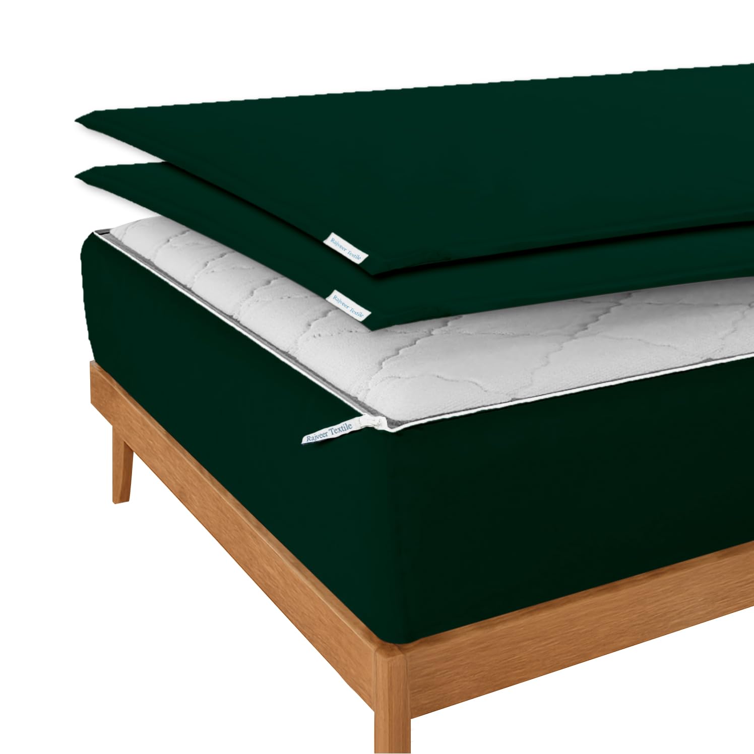 Zip On Fitted Sheet- Includes 1 Fitted Base + 2 Zip Sheet - Easy to Change, Upto 15" Inch Deep Pocket Super King Size(71"×79"×15" inch) Cotton Zipper Fitted Sheet - Teal Green